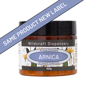 Jar of Arnica montana botanical compound from Wildcraft Dispensary with a new label.