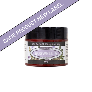 Jar labeled 'Boswellia' with a purple banner stating 'Same Product New Label' on a white background