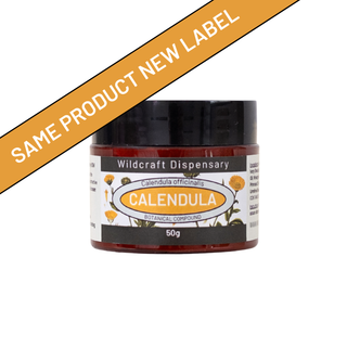 Jar of calendula with 'Wildcraft Dispensary' label on a white background