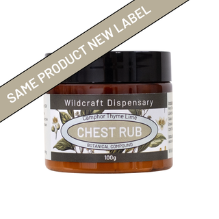 Jar of Wildcraft Dispensary Chest Rub with a new label on a white background