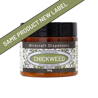 Jar of chickweed from Wildcraft Dispensary with a green label indicating 'Same Product New Label'.