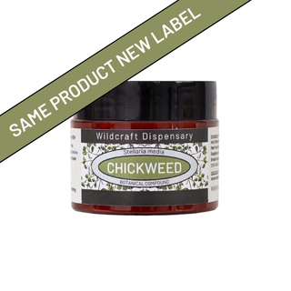 Jar labeled 'Chickweed' from Wildcraft Dispensary with a green label on a white background.