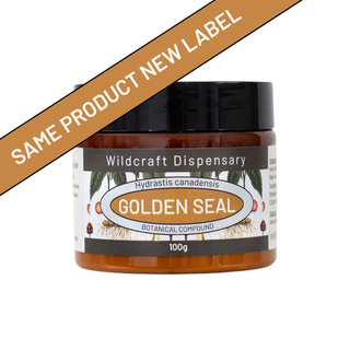 Jar of 'Golden Seal' from Wildcraft Dispensary with a new label on a white background.