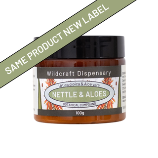 Jar of 'Nettle & Aloe' botanical compound from Wildcraft Dispensary with a green label indicating a new product.