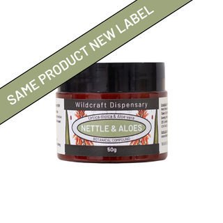 Jar of 'Nettle & Aloe' product from Wildcraft Dispensary with a green label indicating 'Same Product New Label'.