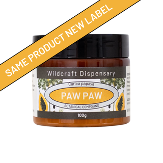 Jar of paw paw botanical compound with Wildcraft Dispensary label on a white background