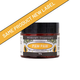 Jar of 'Paw Paw' product from Wildcraft Dispensary with a yellow label indicating 'Same Product New Label'.