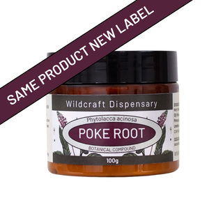 Jar of poke root from Wildcraft Dispensary with a new label on a white background