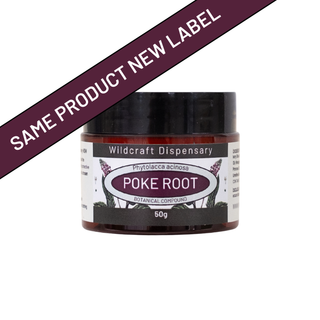 Jar of poke root with a label from Wildcraft Dispensary on a white background