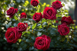  red roses with green leaves in a garden on a blurred natural background