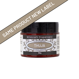 Jar labeled 'Wildcraft Dispensary' with 'Thuja' on a white background
