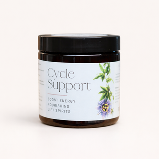 Jar labeled 'Cycle Support' with a black lid on a white background